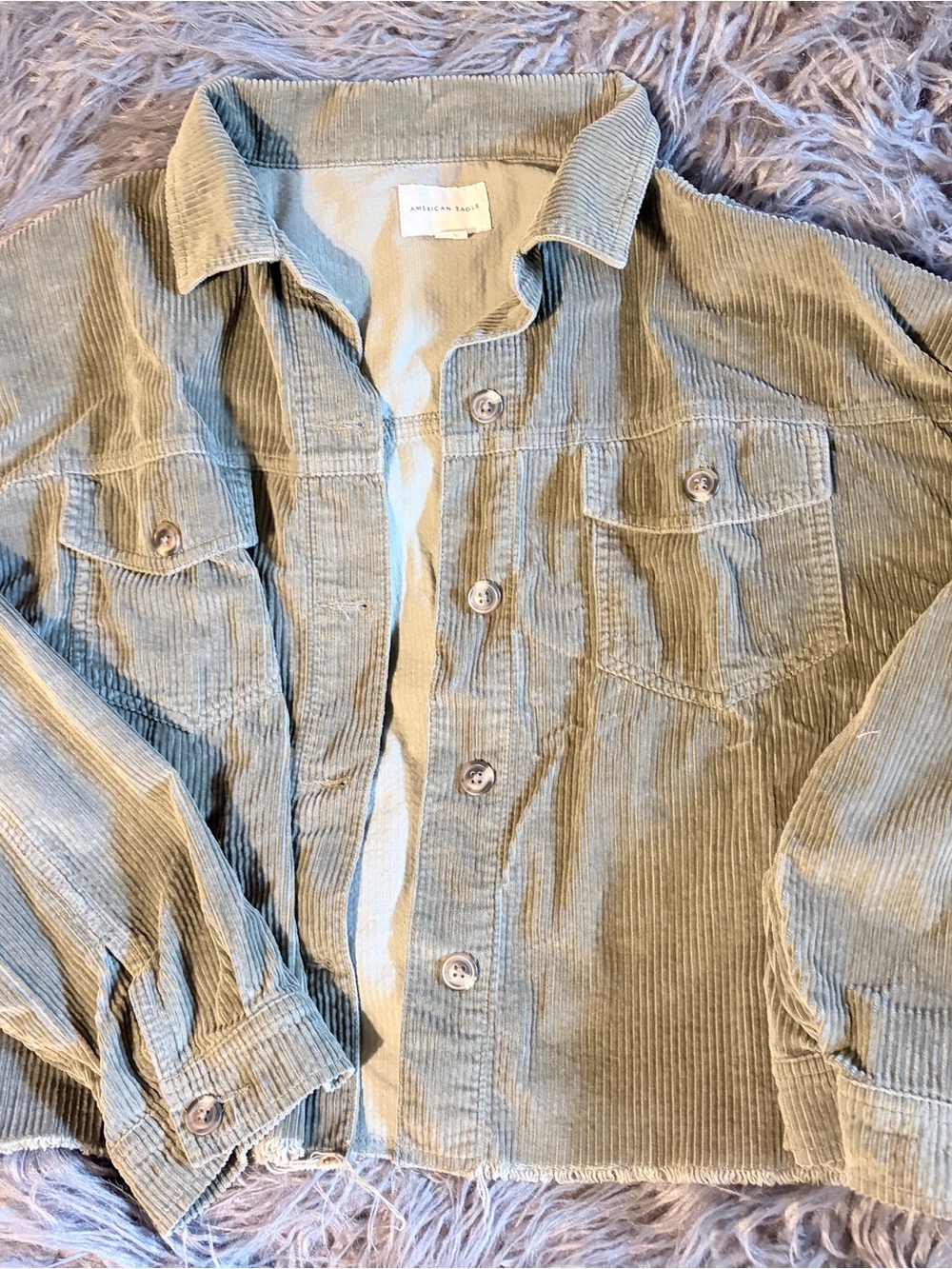 American Eagle Light Olive Corduroy Button-Up crop style shacket